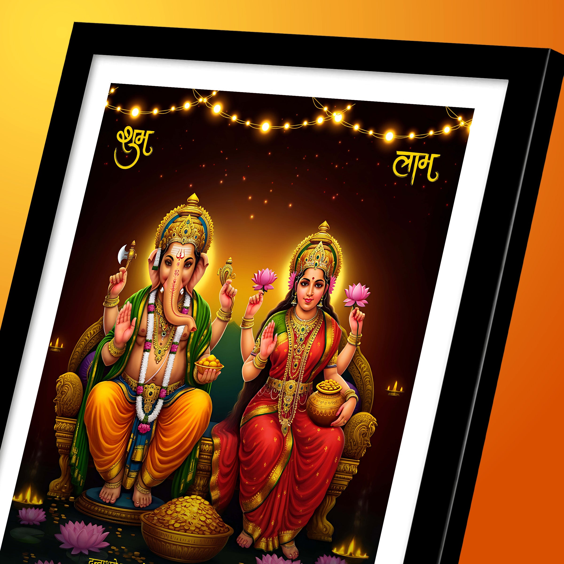 Shri Lakshmi Ganesh Photo Frame with Mantra | Diwali Pooja Wall Art | Hindu God Photo Frame for Home Temple & Gift